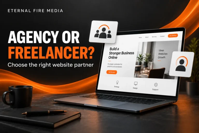 Agency vs freelancer website partner comparison with a laptop and team and individual icons