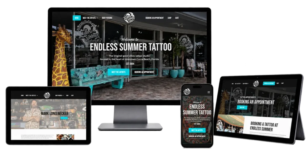 Endless Summer Tattoo website shown on desktop, tablets and mobile