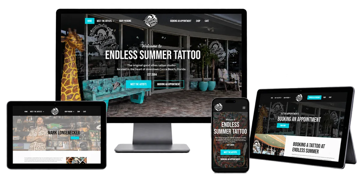 Endless Summer Tattoo website shown on desktop, tablets and mobile
