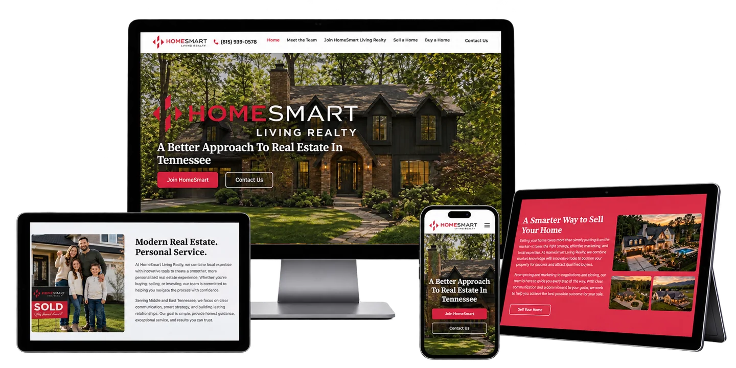 HomeSmart Living Realty website displayed on a desktop monitor, two tablets, and a phone