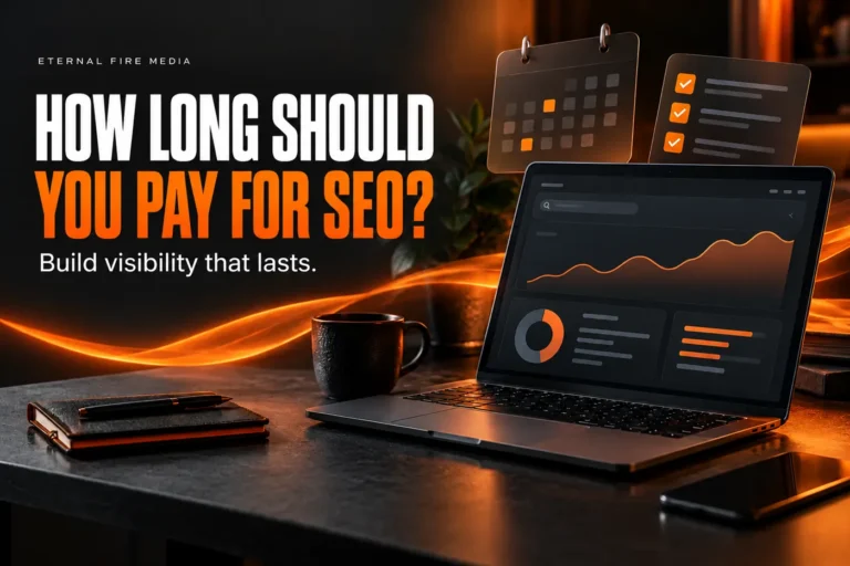 How long should you pay for SEO? Laptop, calendar and checklist illustrating an ongoing SEO strategy