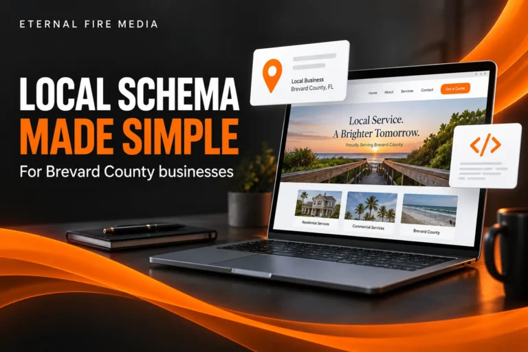 Local schema markup for Brevard County businesses illustrated with a laptop, location pin, and code icon
