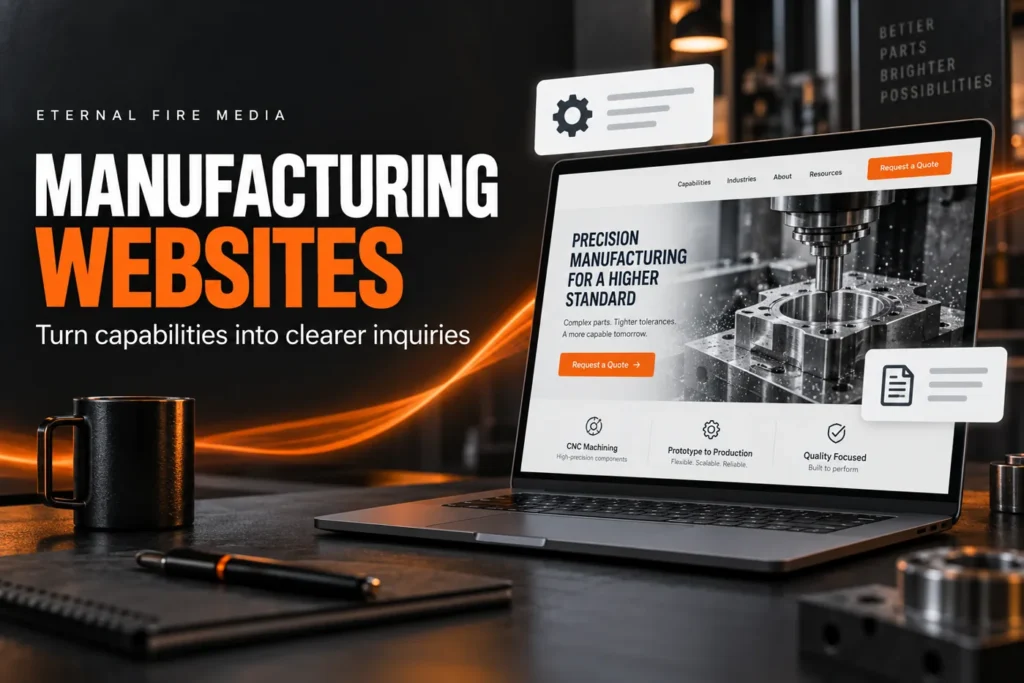 Manufacturing website displayed on a laptop beside gear and document icons on an orange and charcoal background