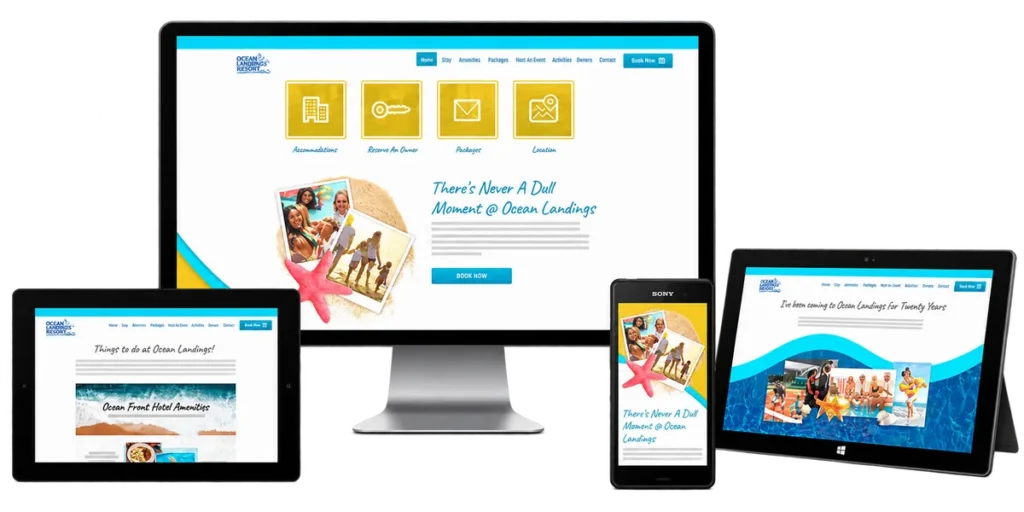 Ocean Landings Resort website design shown on a desktop monitor, tablets, and a phone.