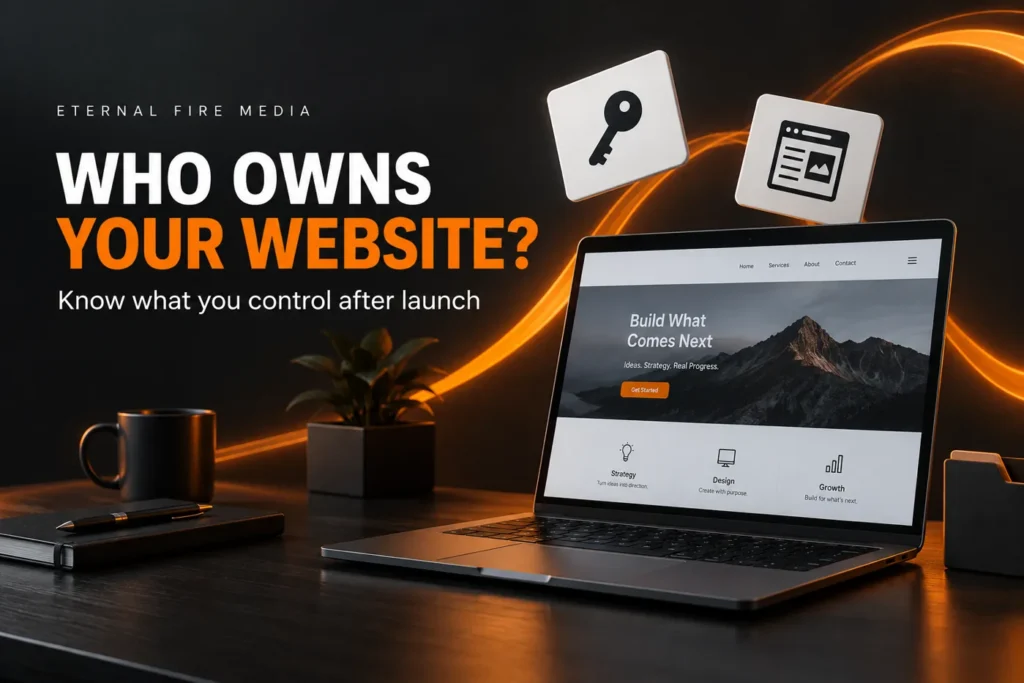 Laptop with a business website beside floating key and document icons illustrating website ownership and access