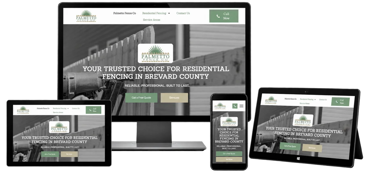 Palmetto Fence Co. website shown on desktop, tablets and mobile
