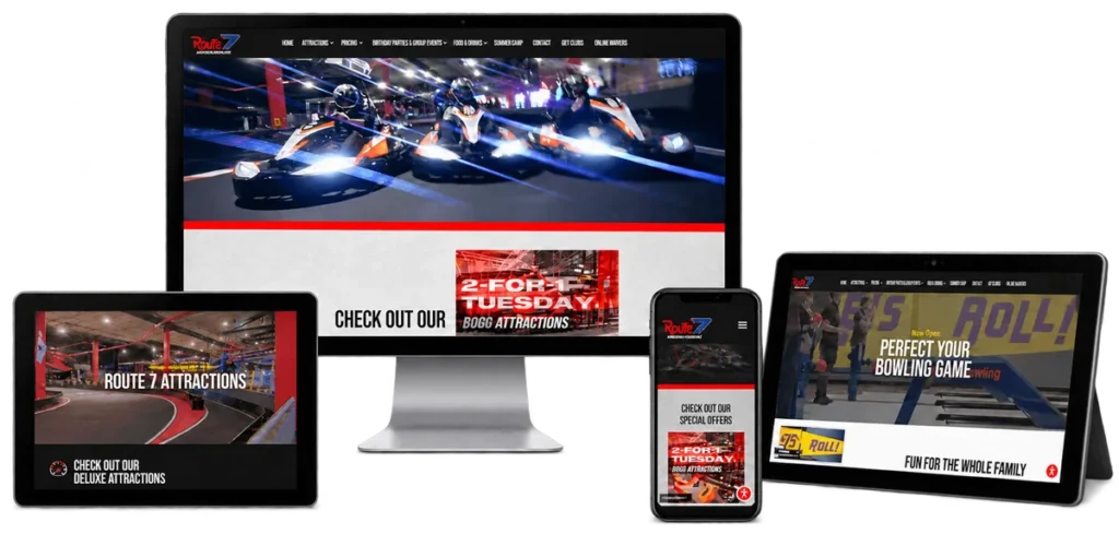 Route 7 Adrenaline Warehouse website shown on desktop, tablets and mobile