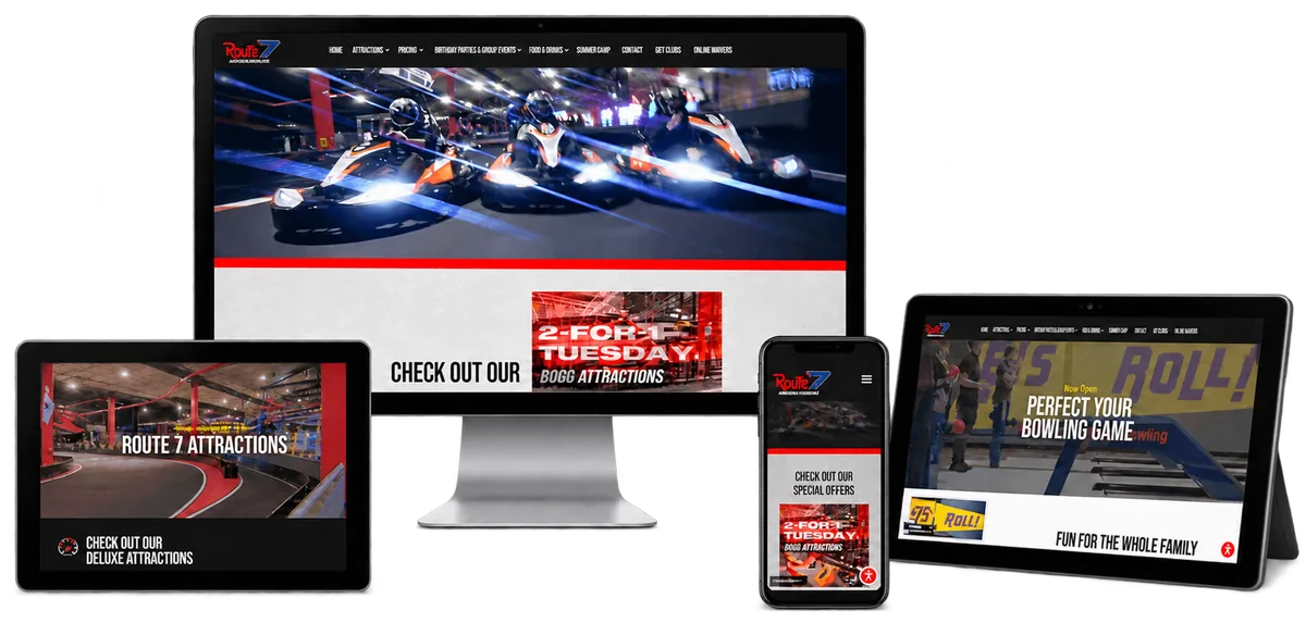 Route 7 Adrenaline Warehouse website shown on desktop, tablets and mobile