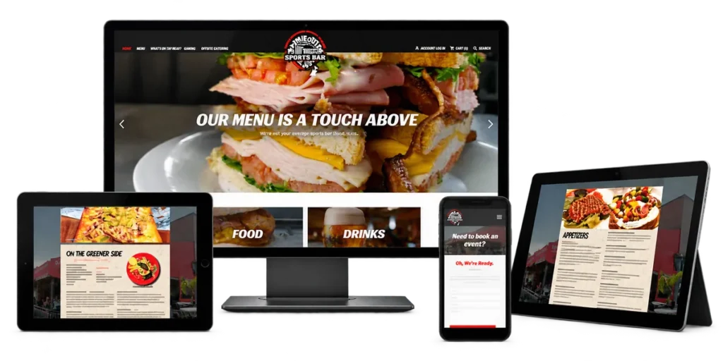 Timeout Sports Bar Plus website design shown on a desktop monitor, tablets, and a phone.