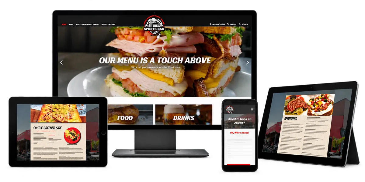 Timeout Sports Bar Plus website shown on desktop, tablets and mobile