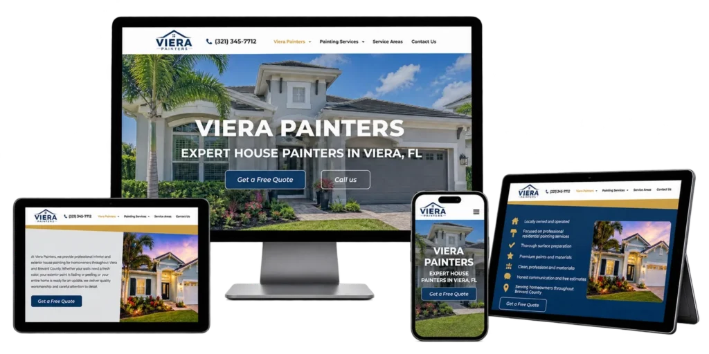 Viera Painters website design shown on a desktop monitor, tablets, and a phone.