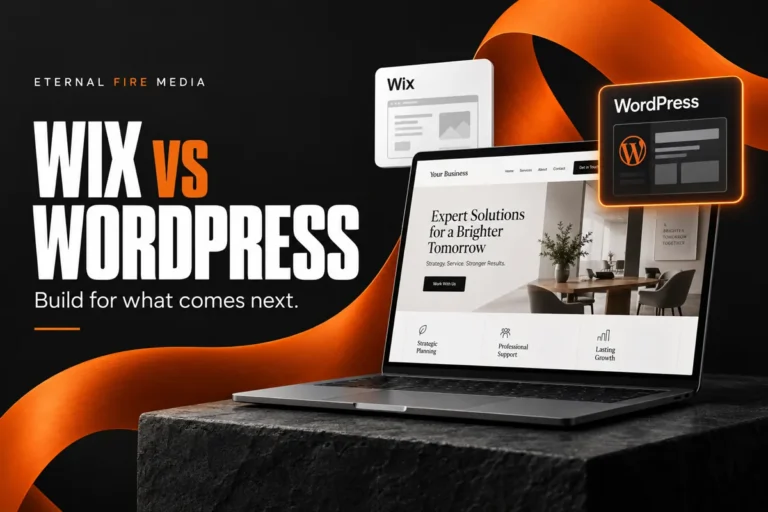 Wix vs WordPress comparison beside a business website on a laptop, in Eternal Fire Media orange and charcoal.